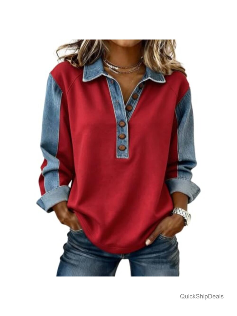 Oversized Denim Patchwork Sweatshirt Women Collared Button Pullover